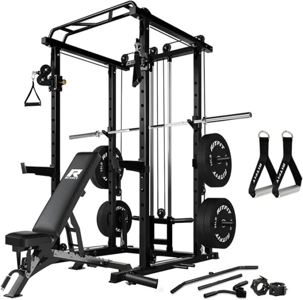 RitFit Multi-Function Squat Rack Power Cage PPC03 with Cable Crossover System, 1000LBS Capacity Power Rack and Packages with Optional Weight Bench, Barbell Weight Set, for Garage Workout & Home Gym