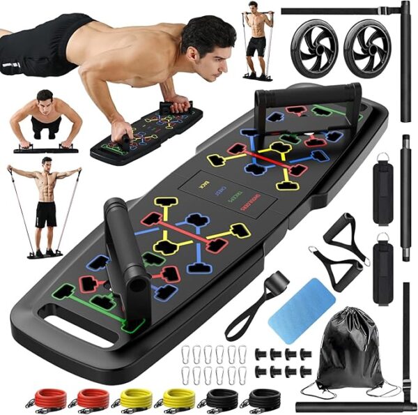 Push Up Board,Home Gym,Portable Exercise Equipment,Pilates Bar and 20 Fitness Accessories with Resistance Bands and Ab Roller Wheel,Full Body Workout at Home