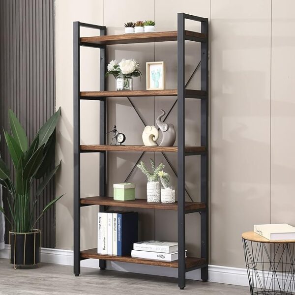5, Tier Bookcase Solid Wood Bookshelf Rustic Vintage Industrial Etagere Bookcase, Metal and Wood Free Vintage Bookshelf, Retro Brown (Real Wood) (5-Tiers