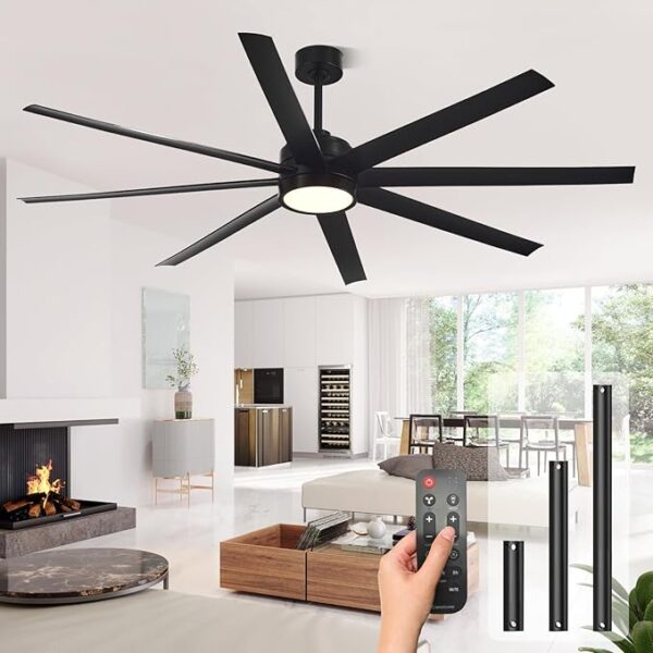 Modern Ceiling Fans with Lights, 72 Inch Ceiling Fan with Light and Remote, Bedroom Living Room Library Cafe Outdoor/Industrial, 3CCT Dimmable, 8 Blades 6 Speed Reversible Quiet DC Motor, Black