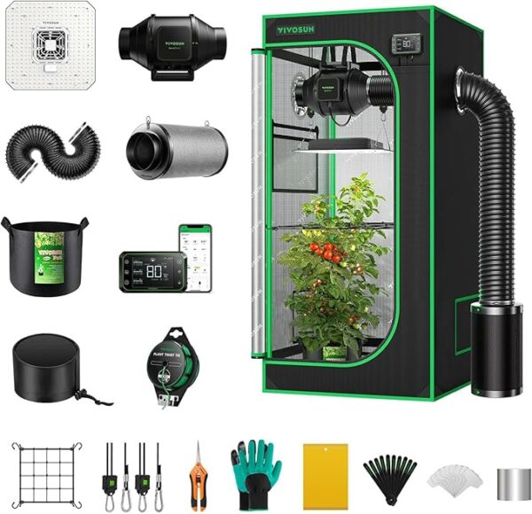 VIVOSUN GIY Smart Grow Tent System 2x2, WiFi-Integrated Grow Tent Kit, with Automate Ventilation and Circulation, Schedule Full Spectrum 100W LED Grow Light, and GrowHub E42A Controller