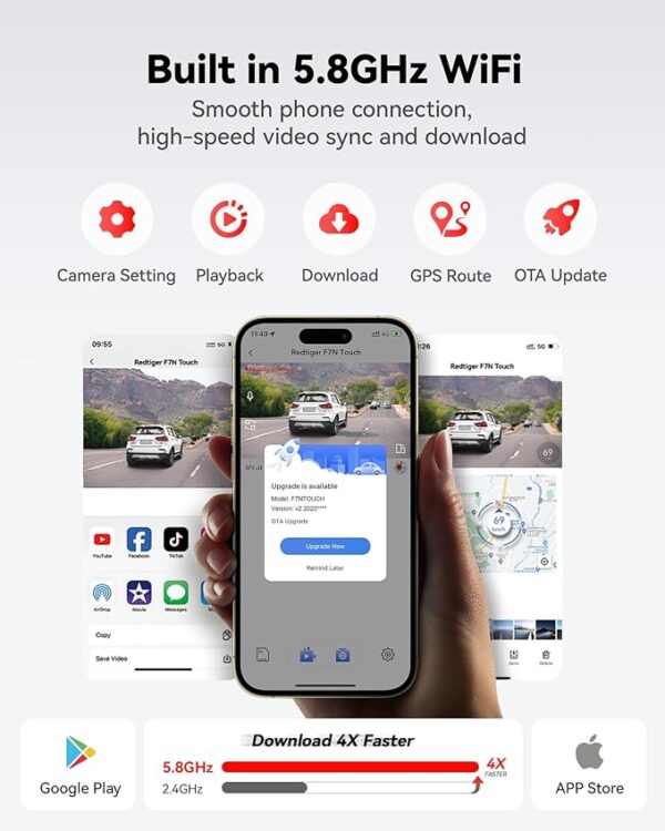 REDTIGER 4K Dash Cam Front and Rear, Touch Screen 3.18 Inch, Voice Control, 5.8GHz WiFi Car Dash Camera with 64GB Card, GPS, UHD 2160P Night Vision, WDR, Emergency Lock, Parking Monitor (F7N Touch) - Image 2
