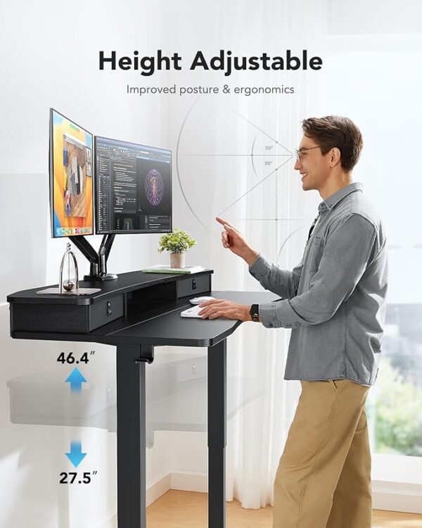 HUANUO 55″ x 26″ Electric Standing Desk with 2 Drawers, C-Clamp Mount Compatible, Height Adjustable Computer Desk, Home Office Stand Up Desk with 4 Preset Heights & 2 Hooks, Black - Image 2