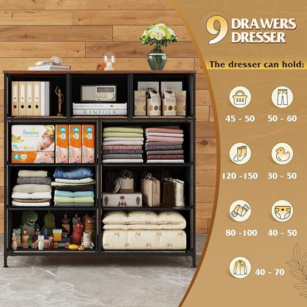 WLIVE 9 Drawer Dresser, Fabric Storage Tower for Bedroom, Hallway, Closet, Tall Chest Organizer Unit for Bedroom with Fabric Bins, Steel Frame, Wood Top, Easy Pull Handle, Black and Rustic Brown