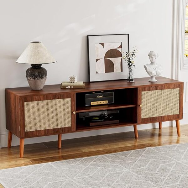 TV Stand for TVs up to 65'', Entertainment Center with Rattan Door, Shelves & 2 Cabinets, Long Boho Media TV Console for Living Room, Walnut