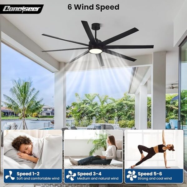 Modern Ceiling Fans with Lights, 72 Inch Ceiling Fan with Light and Remote, Bedroom Living Room Library Cafe Outdoor/Industrial, 3CCT Dimmable, 8 Blades 6 Speed Reversible Quiet DC Motor, Black - Image 2