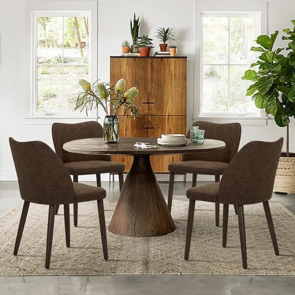 COLAMY Upholstered Dining Chairs Set of 4, Modern PU Leather Dining Room Kitchen Side Chair with Padded Seat and Wood Legs Restaurant/Cafe, Dark Brown