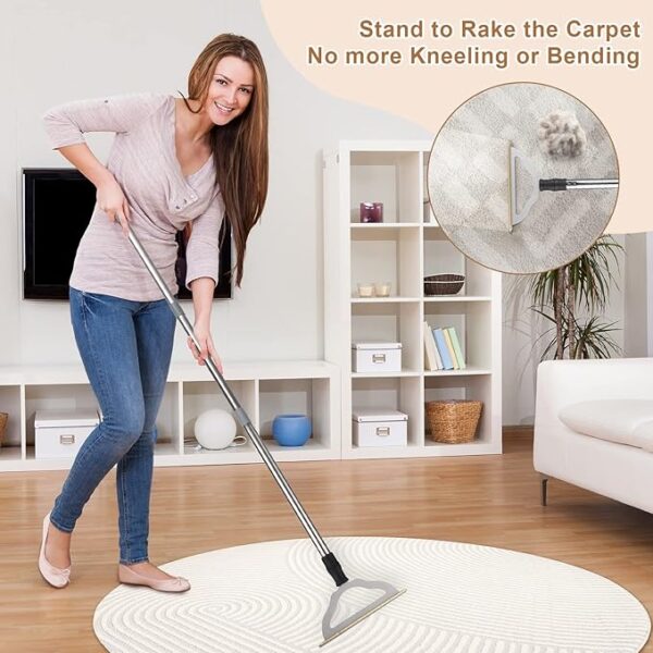 47“ Adjustable Long Handle Carpet Rake Pet Hair Remover, Reusable Large Metal Lint Remover Brush for Embedded Fur Removal from Low Pile Rugs Stairs, Carpet Brush Scraper Dog Cat Hair Remover Broom - Image 2