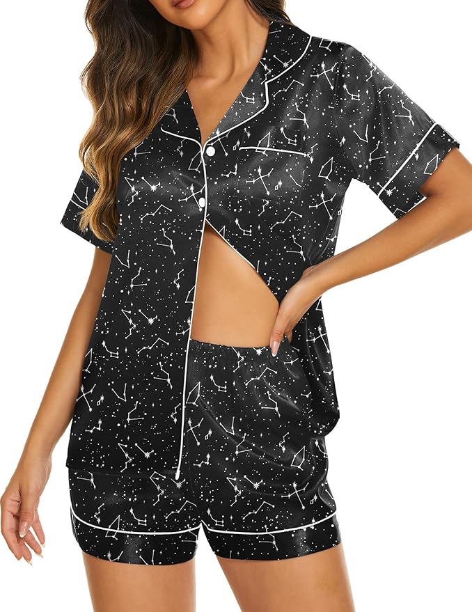Ekouaer Womens Silk Satin Pajama Sets Short Sleeve Button Down Sleepwear Cozy Loungewear 2 Piece Pjs Shorts Set S-XXL