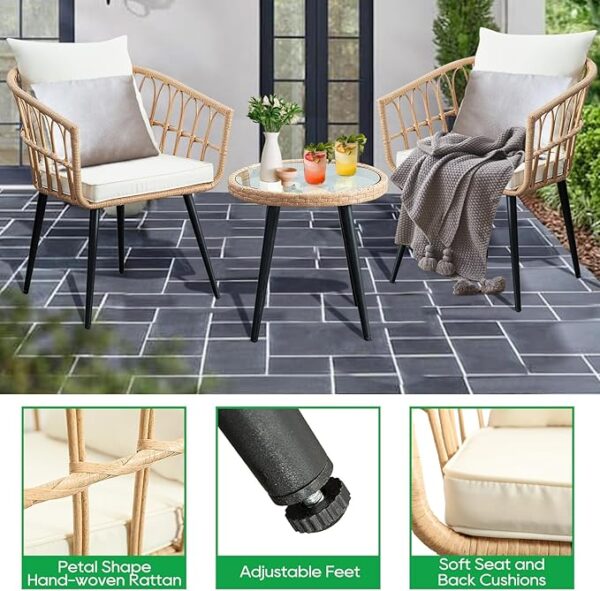 3 Piece Patio Bistro Set, Outdoor Wicker Apartment Balcony Furniture Sets, Rattan Table and Chairs Set of 2 for Porch Backyard Lawn Poolside Deck, Beige - Image 2