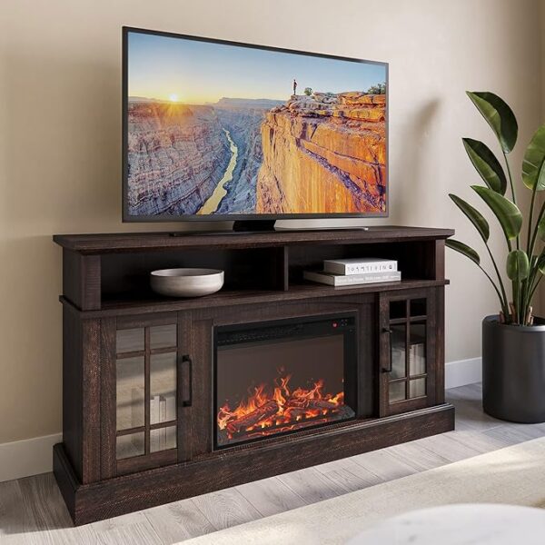 BELLEZE Traditional 58" Rustic TV Stand with 23" Electric Fireplace Heater with Sound, Media Entertainment Center Console Table for TV up to 65" with Open Storage Shelves and Cabinets - Espresso - Image 2