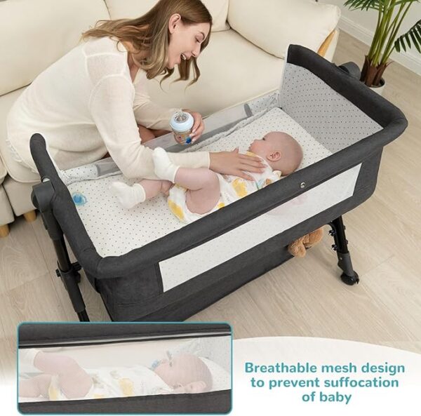 Baby Bassinet, Bedside Bassinet for Baby, 3 in 1 Bassinet Bedside Sleeper with Wheels, Mosquito Net, Adjustable Easy Folding Portable Baby Bed for Infant Newborn (Dark Grey - Image 2