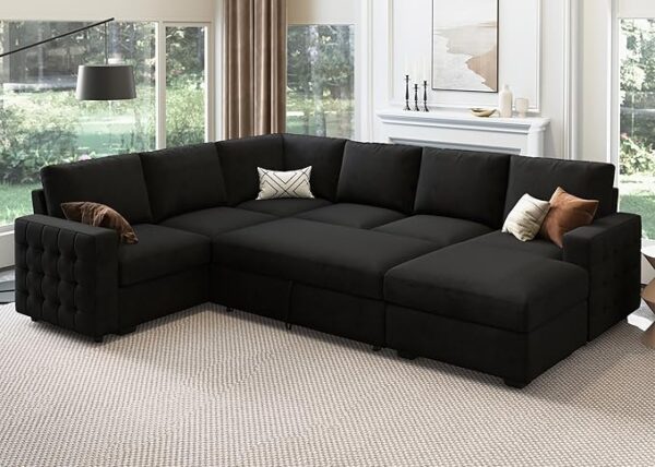 HONBAY Sectional Couch with Pull Out Bed, Sectional Sleeper Sofa with Storage, U Shape Sectional Couches for Living Room,Velvet Black