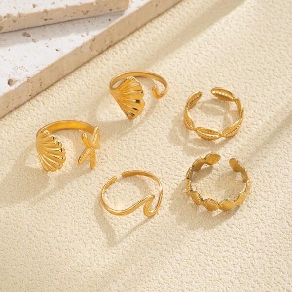 Yuoos 5PCS Gold Seashell Rings for Women Beach Surfer Starfish 18k Gold Dainty Seashell Wave Stacking Rings Summer Jewelry for Women Girl - Image 2