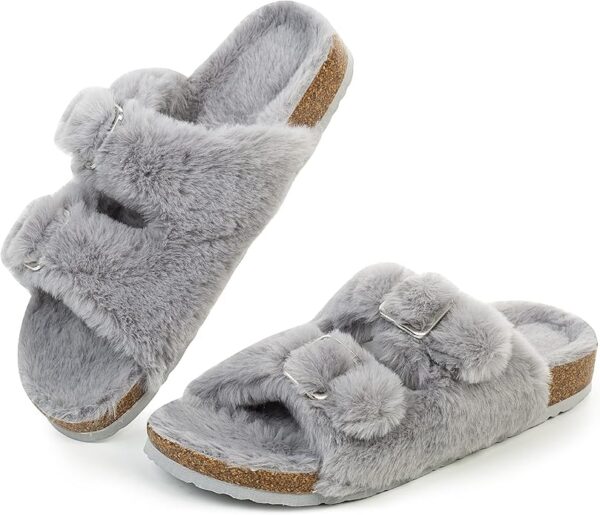 FITORY Womens Open Toe Slipper with Cozy Lining,Faux Rabbit Fur Cork Slide Sandals Size 6-11