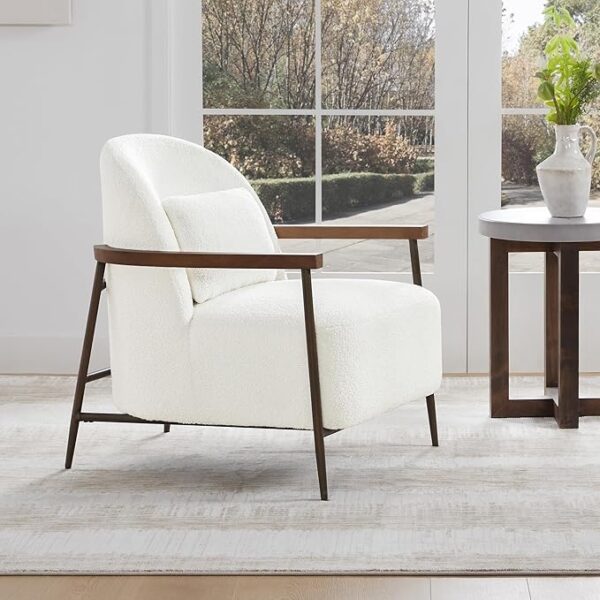 CHITA Accent Chair for Living Room, FSC Certified Modern Upholstered Faux Sherpa Fabric Armchair with Metal Frame and Wooden Armrests, White - Image 2
