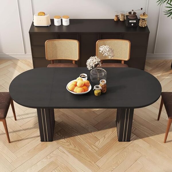 70.8 Inch Kitchen Dining Table for 4-6 People, Oval Kitchen Table with Wood Strip Base, Modern Farmhouse Large Round Dining Room Tables for Kitchen Living Room (Black) - Image 2