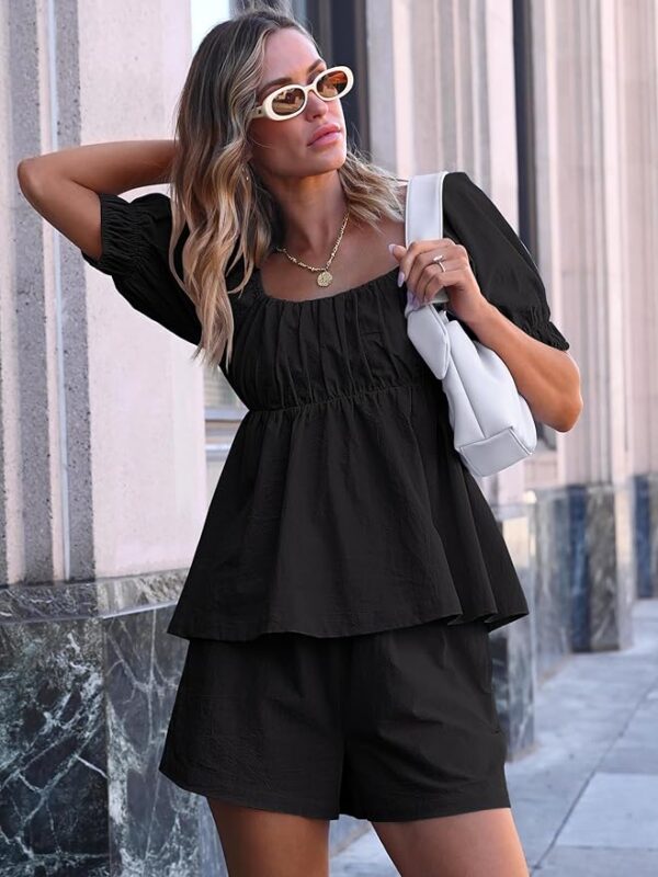 ANRABESS Women 2 Piece Outfits Babydoll Linen Short Sets Square Neck Puffed Sleeve Backless Tops Beach 2025 Summer Clothes - Image 2