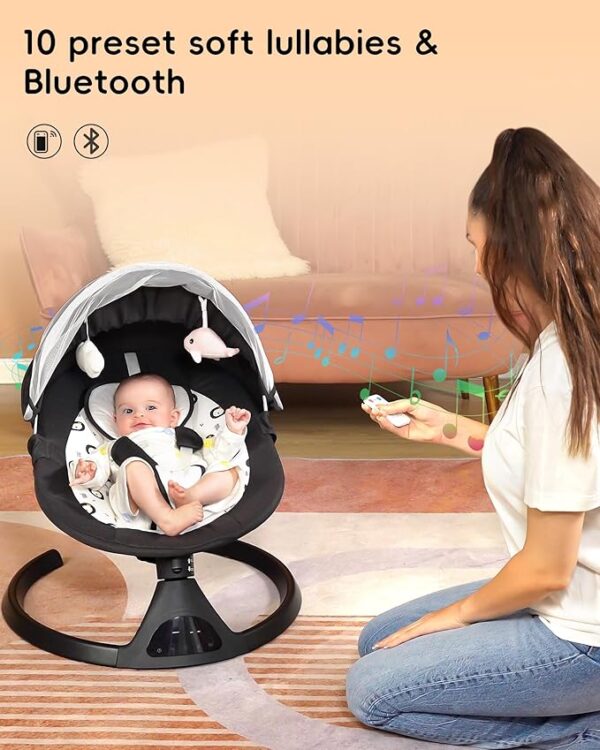 Electric Baby Swing for Infants to Toddler Portable Babies Swing Timing Function 5 Swing Speeds Bluetooth Touch Screen Music Speaker with 10 Preset Lullabies 5-Point Carabiner Black - Image 2