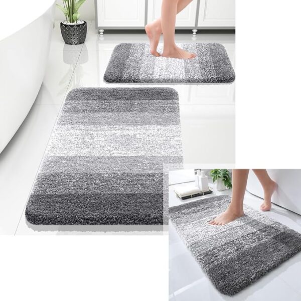 OLANLY Ombre Bath Rug and Bathroom Rugs Sets 2 Piece, Bath Rug Size 30x20 and Bathroom Rug Set Size 24x16+30x20 in Grey, 3 Item Bundle