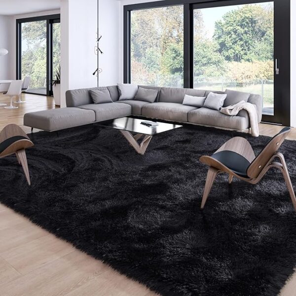 Merelax Soft Modern Indoor Large Shaggy Rug for Livingroom Bedroom Dorm Kids Room Home Decor, Non-Slip Plush Fluffy Furry Fur Area Rugs Comfy Nursery Accent Floor Carpet 9x12 Feet, Black