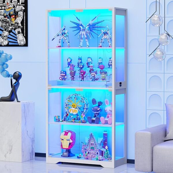 Display Cabinet with Glass Doors, 4-Tier Curio Cabinet with 3 Color Lights for Collectibles, Glass Display Case with Human Body Sensor, Storage Cabinet, White