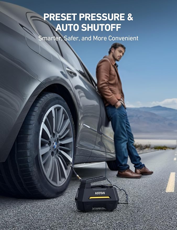 AstroAI Tire Inflator Portable Air Compressor Tire Air Pump for Car Tires - Car Accessories, 12V DC Auto Pump with Digital Pressure Gauge, Emergency LED Light for Bicycle, Balloons, Yellow - Image 2