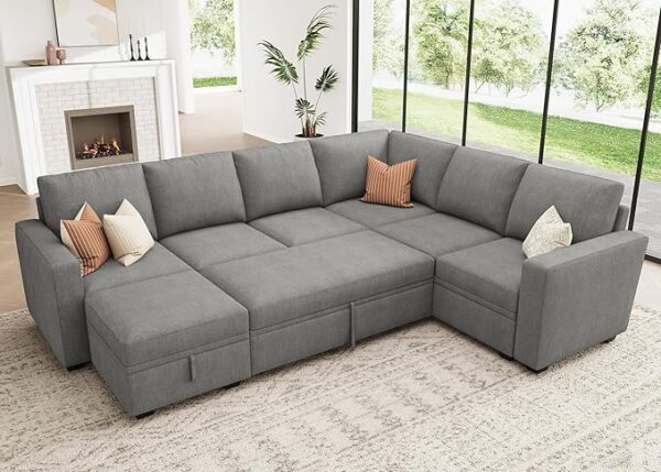 HONBAY Modular Sectional Sleeper Sofa with Pull Out Bed, Chenille Sectional Couch with Storage Seats Ottoman, U Shaped Couches for Living Room, Warm Grey