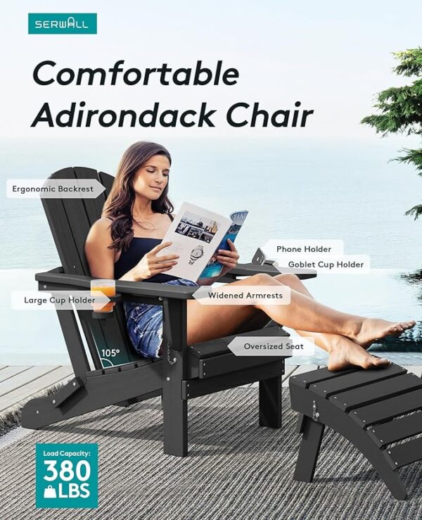 SERWALL HDPE Folding Adirondack Chair with Dual Cup Holder - Composite Adirondack Chair Set of 6- Black - Image 2
