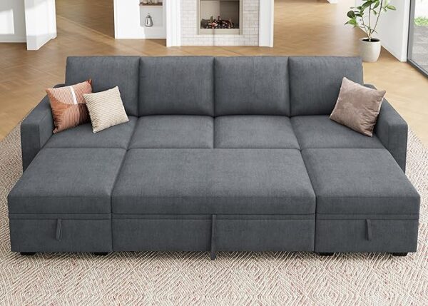 HONBAY Modular Sectional Sleeper Sofa Bed, Chenille Pull Out Couch with Storage Ottoman, U Shaped Sectional Couches for Living Room, Bluish Grey