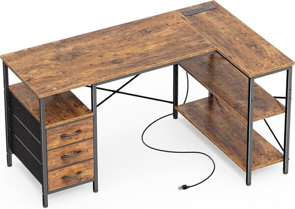 Huuger L Shaped Desk with Power Outlets, Computer Desk with 3 Drawers, 47 Inch Office Desk with Shelves, Gaming Desk, Corner Desk Work Desk for Home Office, Study, Rustic Brown