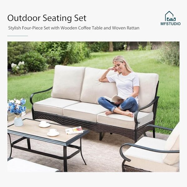 MFSTUDIO 4 Pieces Outdoor Patio Furniture Set, Metal Outdoor Conversation Sofa, Rattan Wicker Patio Sectional Sofa Set with 2 x Rocking Single Sofa, 3-Seat Sofa, 1 x Fire Pit Table, Beige - Image 2
