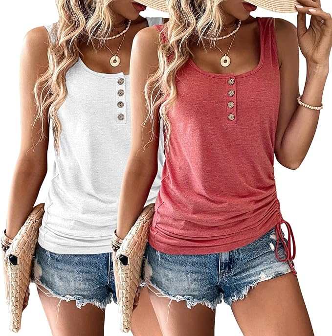 Womens Tank Tops, 2 Pack Summer Tank Tops for Women 2025, Sleeveless U Neck Loose Button Casual Henley Tops Shirts