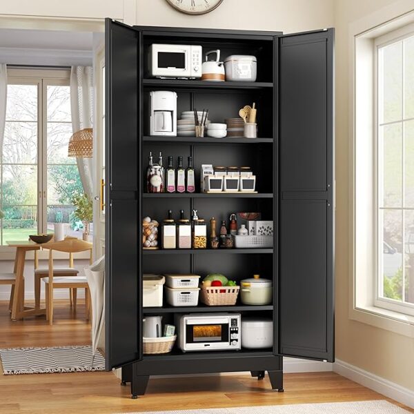 75.2" Tall Storage Cabinet, Pantry Storage Cabinet with 2 Door and 5 Adjustable Shelves, Black Kitchen Food Storage Cabinet, Metal Utility Cabinet for Kitchen, Dinning Room, Laundry Room