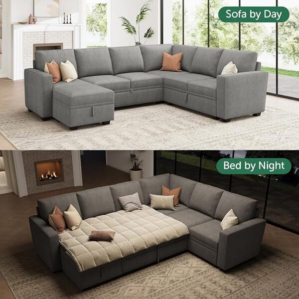 HONBAY Modular Sectional Sleeper Sofa with Pull Out Bed, Chenille Sectional Couch with Storage Seats Ottoman, U Shaped Couches for Living Room, Warm Grey - Image 2