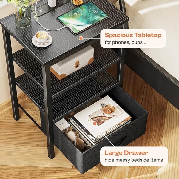 SUPERJARE Nightstand with Charging Station, Bed Side Table with Adjustable Fabric Drawer, Night Stand for Bedroom, 3-Tier Storage End Table, for Living Room, Black - Image 2