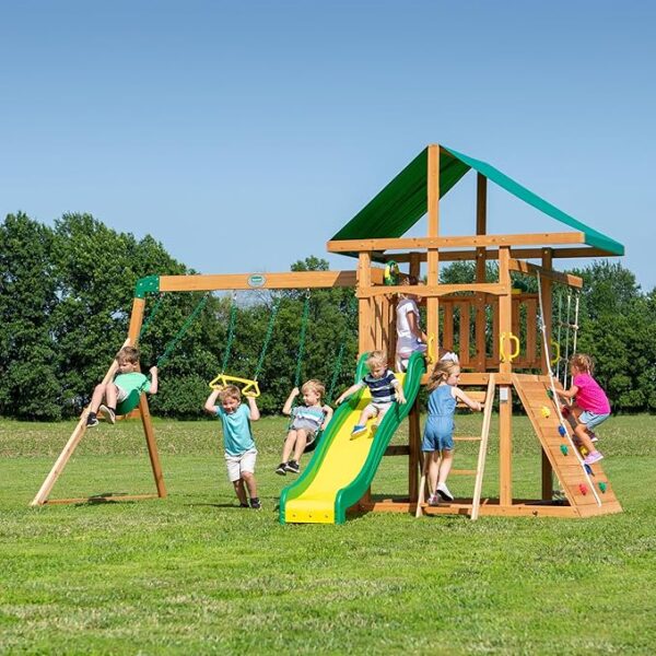 Backyard Discovery Mount McKinley All Cedar Wood Swing Set, Playground for All Kids Age 3-10, Rock Wall, Wave Slide, Fort, Double Rock Climber and Rope - Image 2