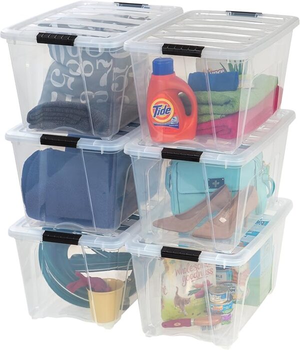 IRIS USA 54 Qt Stackable Plastic Storage Bins with Lids, 6 Pack - BPA-Free, Made in USA - See-Through Organizing Solution, Latches, Durable Nestable Containers, Secure Pull Handle - Clear