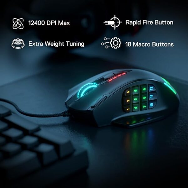 Redragon M908 Impact RGB LED MMO Gaming Mouse with 12 Side Buttons, Optical Wired Ergonomic Mouse with Max 12,400DPI, High Precision, 18 Programmable Macro Shortcuts, Comfort Grip - Image 2