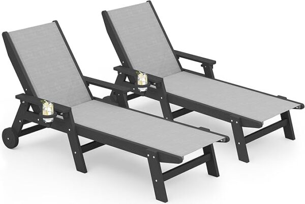 SERWALL Patio Chaise Lounge Chair Set of 2, 5 Positions Outdoor Lounge Chair for Pool, Textilene Lounge Chair with Rolling Wheels for Poolside, Deck, Black