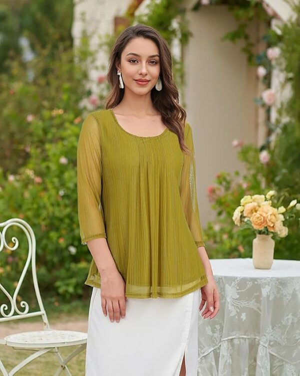 VALOLIA Women's 3/4 Sleeve Tunic Tops Casual Loose Fit Floral Blouses Mesh Pleated Layered Shirt