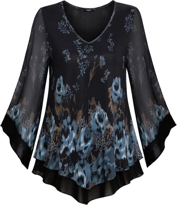 Lotusmile Womens Dressy Blouse Double Layers Mesh Shirt Ruffle 3/4 Flared Sleeve Tunic Tops - Image 2