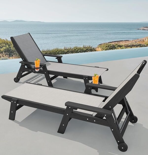 SERWALL Patio Chaise Lounge Chair Set of 2, 5 Positions Outdoor Lounge Chair for Pool, Textilene Lounge Chair with Rolling Wheels for Poolside, Deck, Black - Image 2