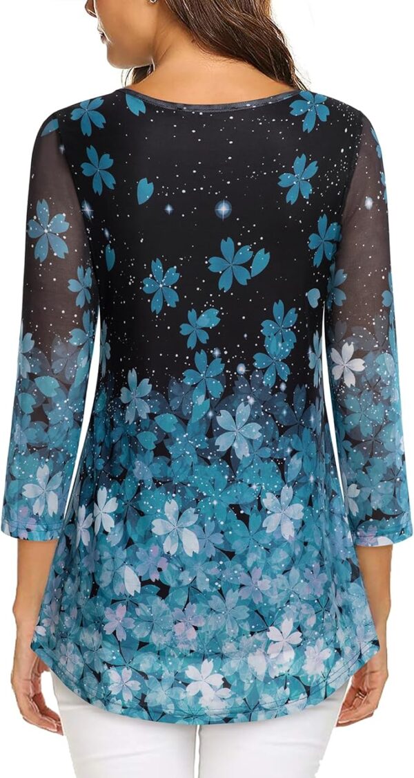 VALOLIA Women's 3/4 Sleeve Tunic Tops Casual Loose Fit Floral Blouses Mesh Pleated Layered Shirt - Image 2
