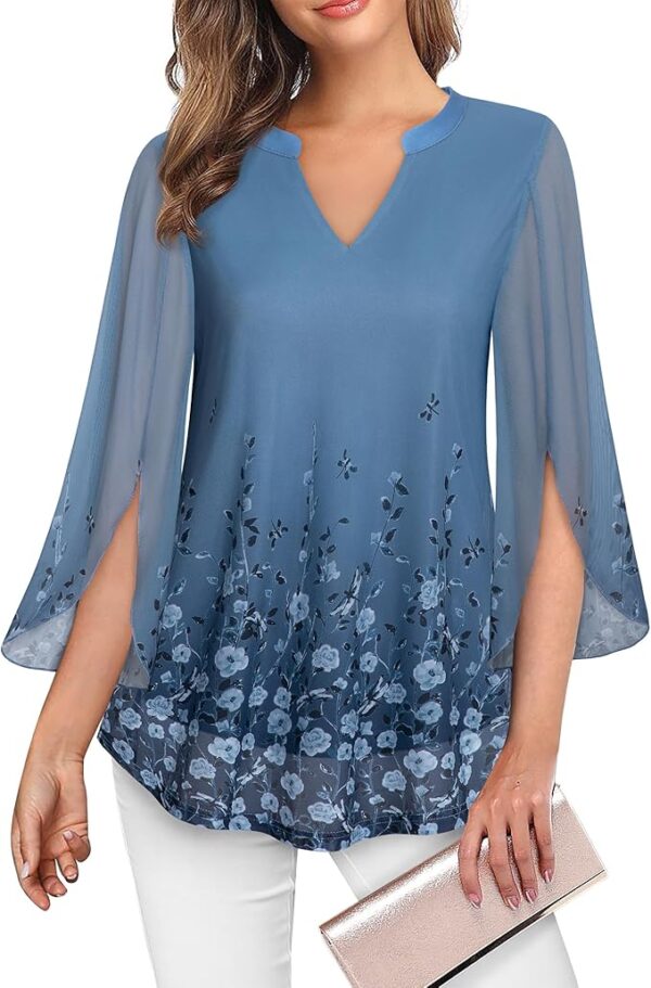 VALOLIA Women's 3/4 Sleeve Floral Tunic Tops V Neck Double Layers Loose Fit Mesh Blouses Shirt