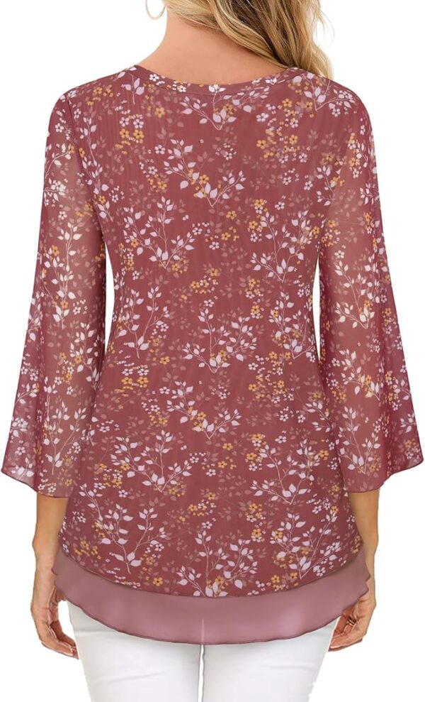 Timeson Women's 3/4 Sleeve Floral Blouses Shirts Double Layers V Neck Dressy Tunics Tops - Image 2