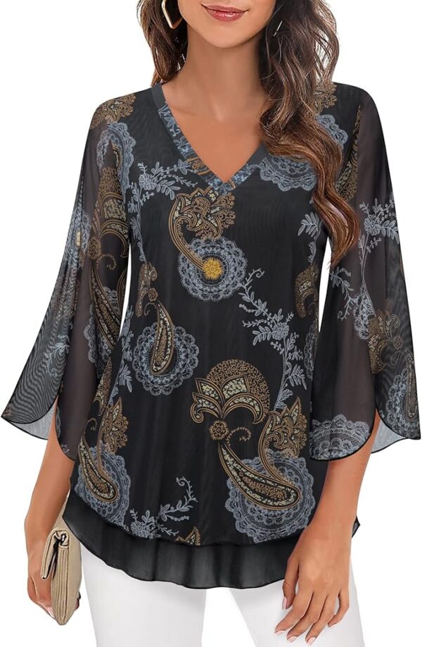 Timeson Women's 3/4 Sleeve Floral Blouses Shirts Double Layers V Neck Dressy Tunics Tops - Image 2