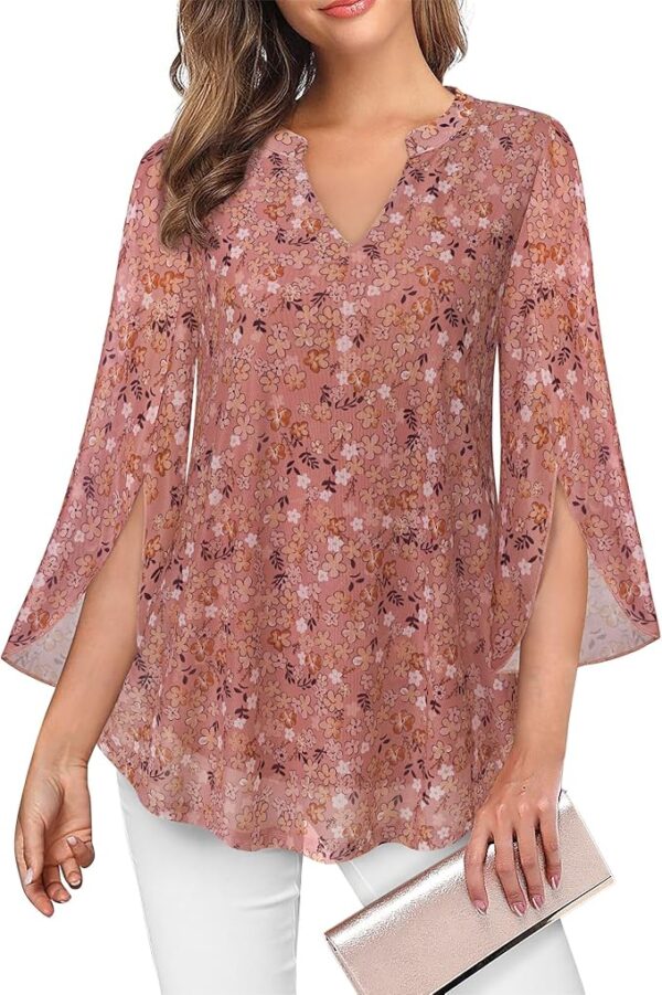 VALOLIA Women's 3/4 Sleeve Floral Tunic Tops V Neck Double Layers Loose Fit Mesh Blouses Shirt