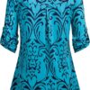 BEPEI Womens Floral 3/4 Sleeve Shirts Zip up V Neck Work Chiffon Blouses Top - Image 2