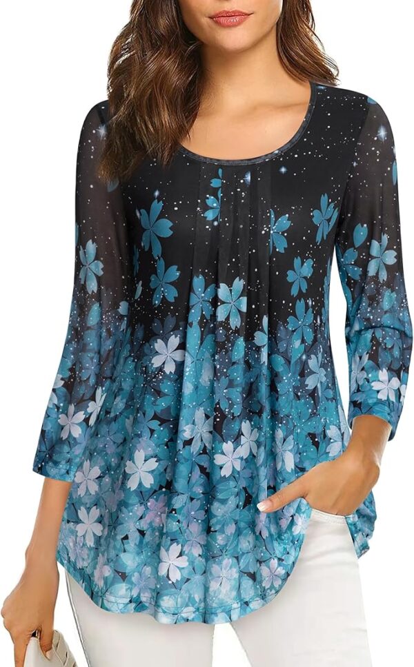 VALOLIA Women's 3/4 Sleeve Tunic Tops Casual Loose Fit Floral Blouses Mesh Pleated Layered Shirt